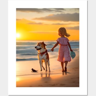 girl playing with a dog on the beach. Posters and Art